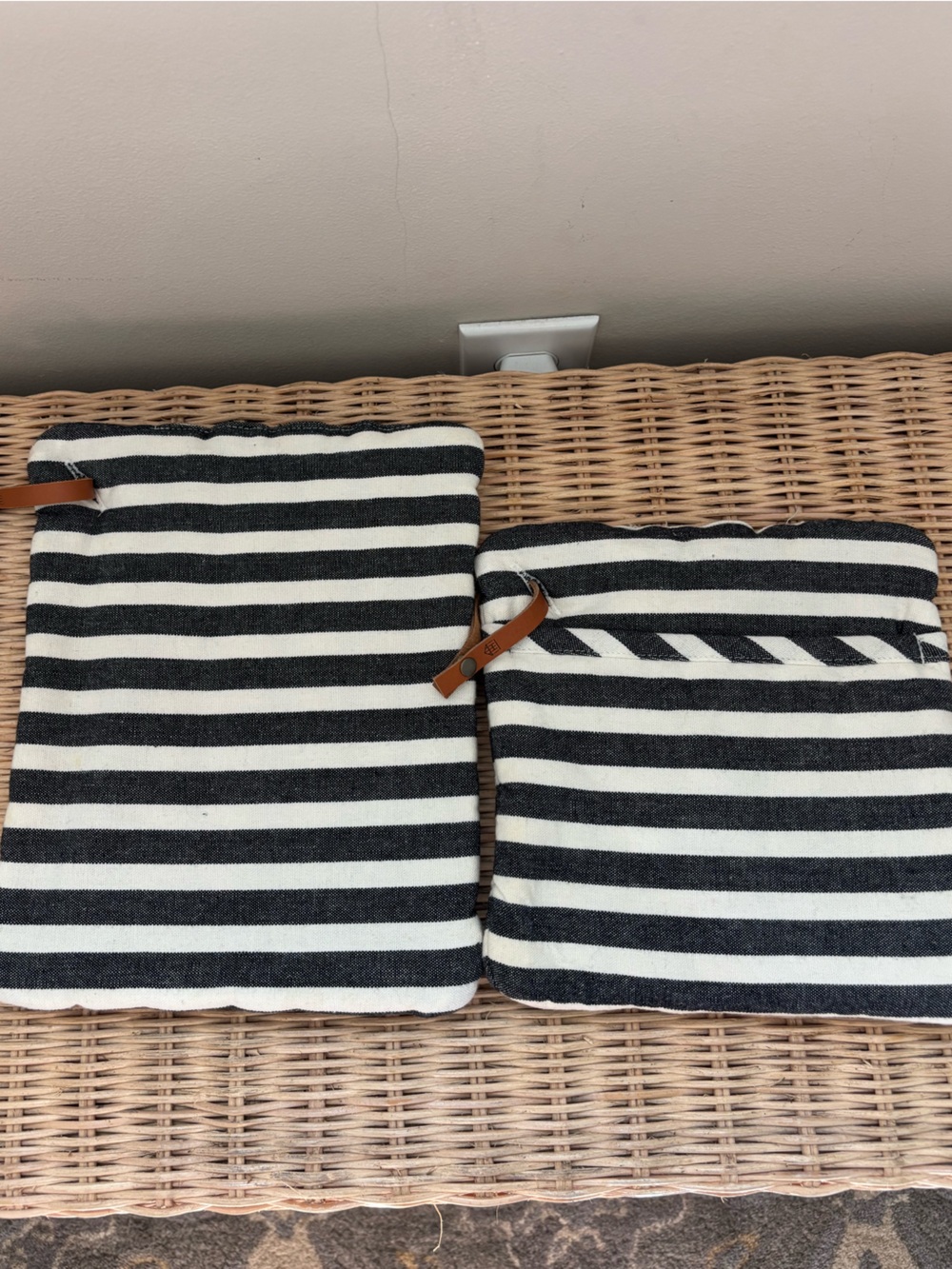 Hearth & Hand Black and White Striped Pot Holder Set with Leather Tabs